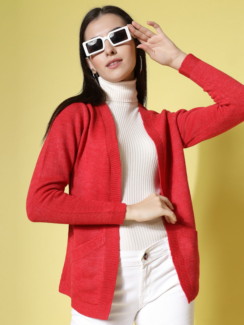 Women Red Acrylic Solid Cardigan - Wool Trees | Grocsy