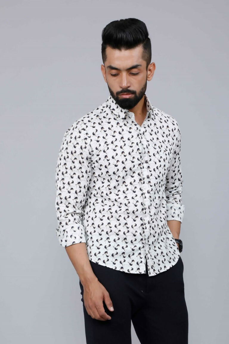Miravan Men's White Spread Collar Bird Print Casual Shirt | Grocsy