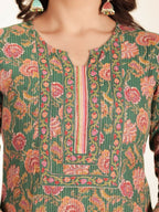 Aramya Green Kantha Cotton Floral Straight Kurta for Women | Grocsy