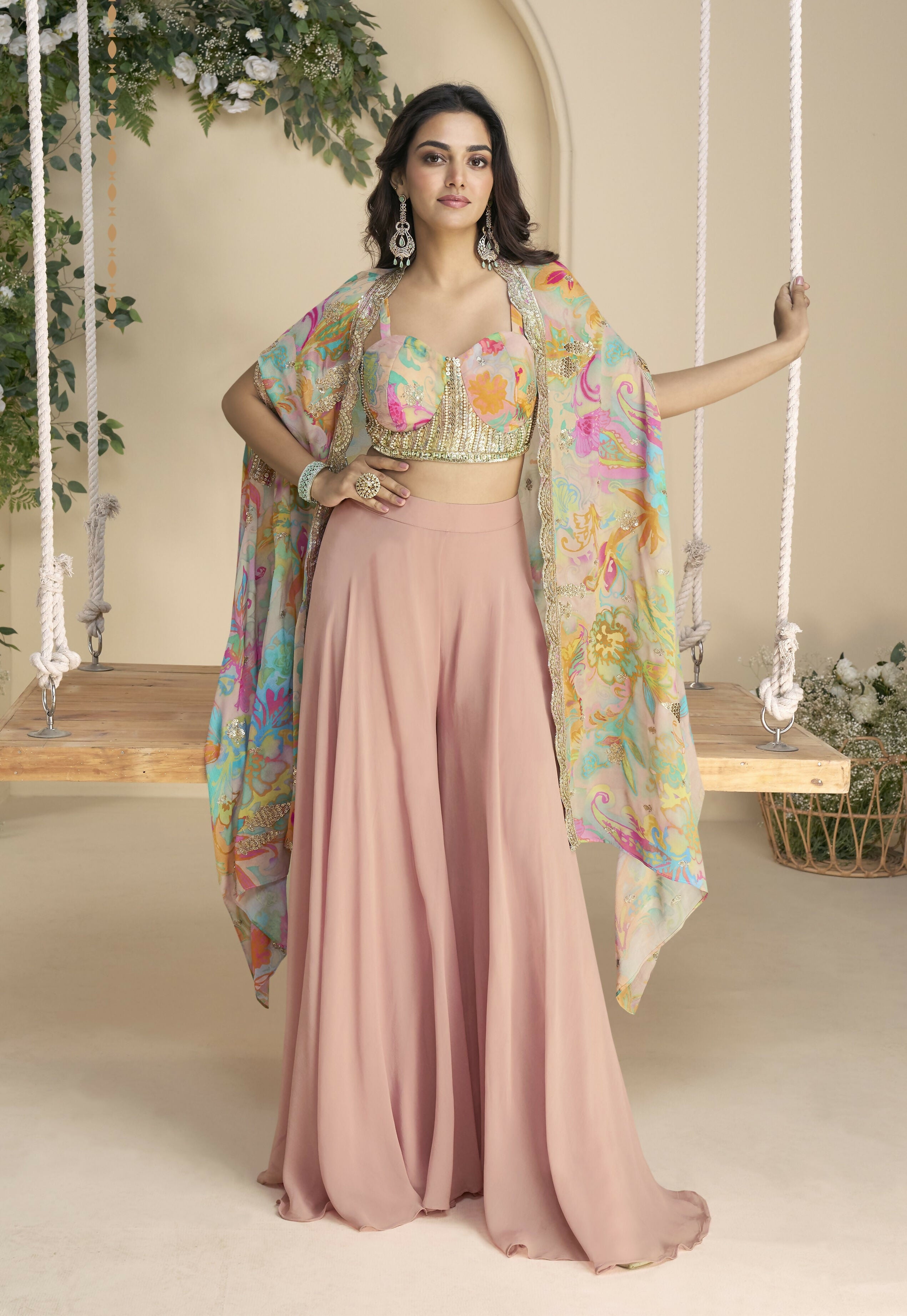 Anaita Pink Chinon Free Size Readymade Shrug Suit with Embroidery Sequence Work (Free Size) | Grocsy
