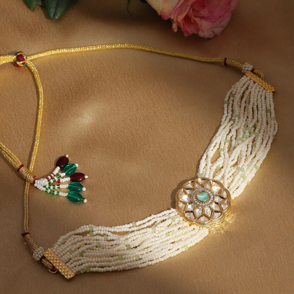 Pearl and Kundan Choker with Intricate Flower Design (White) - Ruby Raang | Grocsy