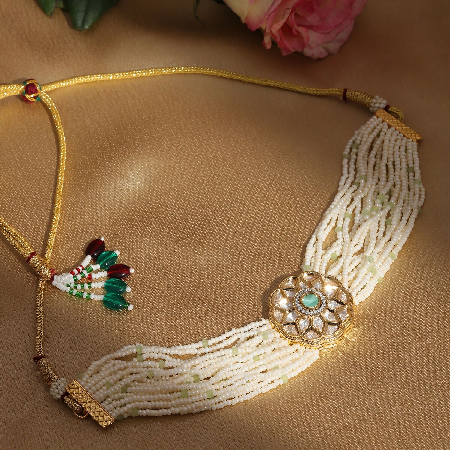 Pearl and Kundan Choker with Intricate Flower Design (White) - Ruby Raang | Grocsy
