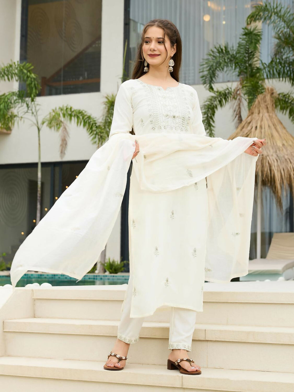 The52 White Women's Beautiful Rayon Slub Fabric Embroidered Work Straight Kurta, Pant and Dupatta Set | Grocsy