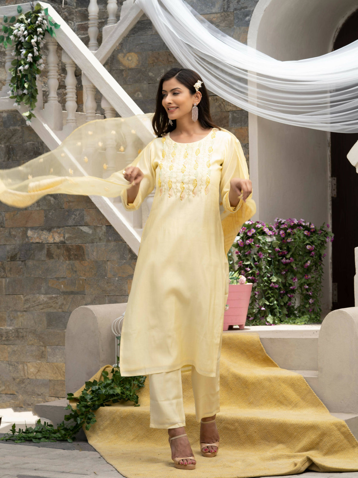 Yellow Roman Silk Plain Kurta with Pant & Dupatta - Disha | Grocsy
