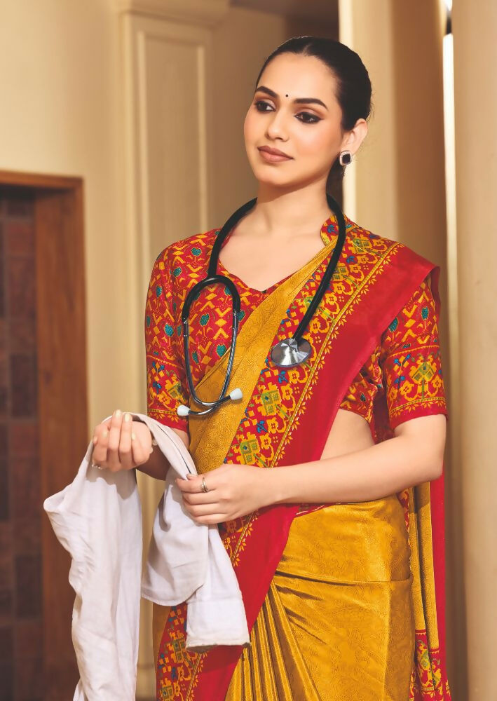 Joban Fashion Yellow Crepe Silk with Traditional Print Saree | Grocsy