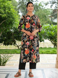 Aramya Straight Soft Cotton Floral Print Women's Kurta - Black | Grocsy