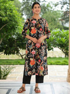 Aramya Straight Soft Cotton Floral Print Women's Kurta - Black | Grocsy