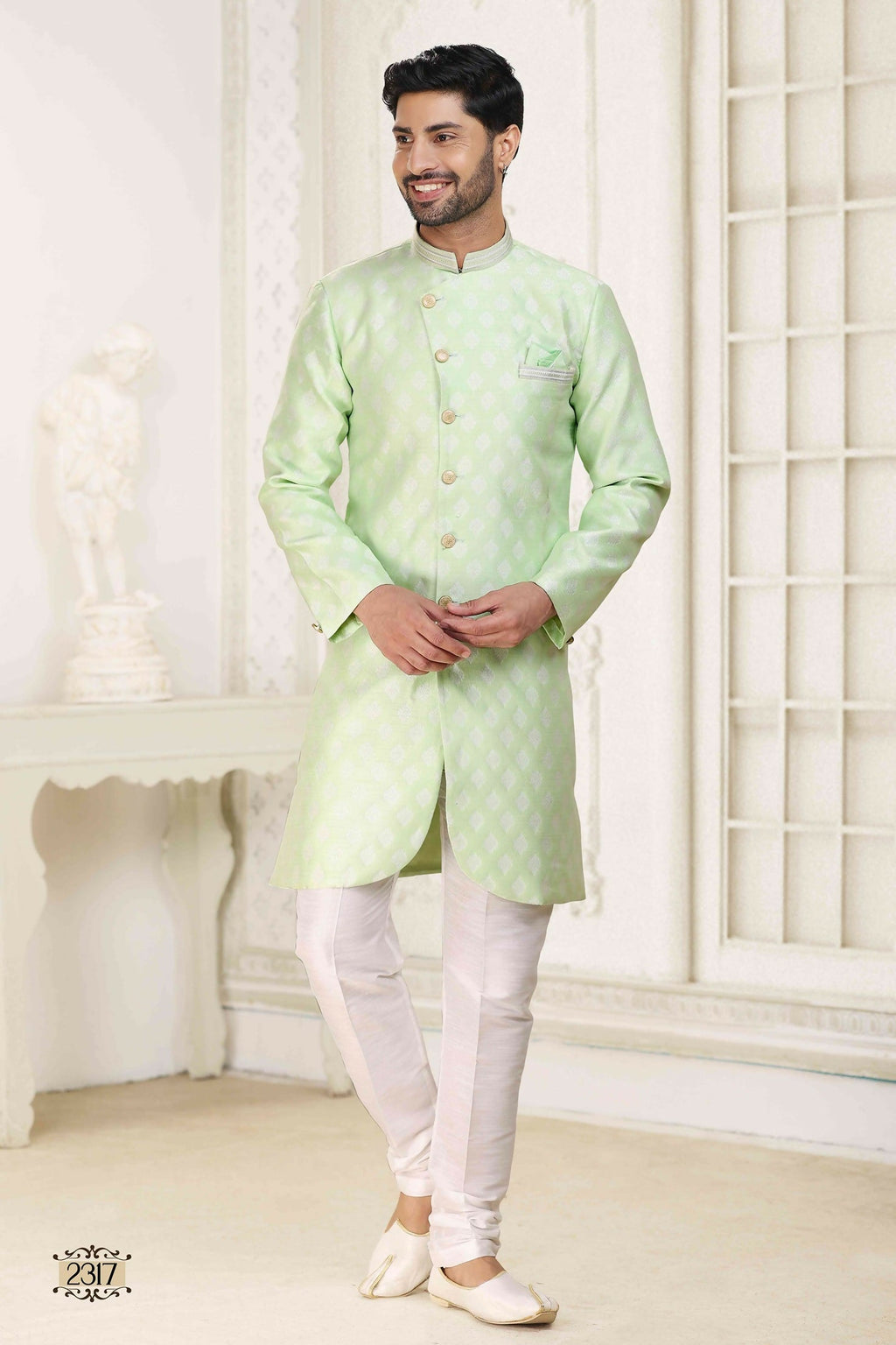 Raivat Ethnic Banarasi Jacquard Embroidery Semi Indo Western Sherwani In Pista Green Colour | Grocsy