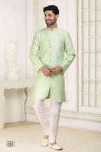 Raivat Ethnic Banarasi Jacquard Embroidery Semi Indo Western Sherwani In Pista Green Colour | Grocsy