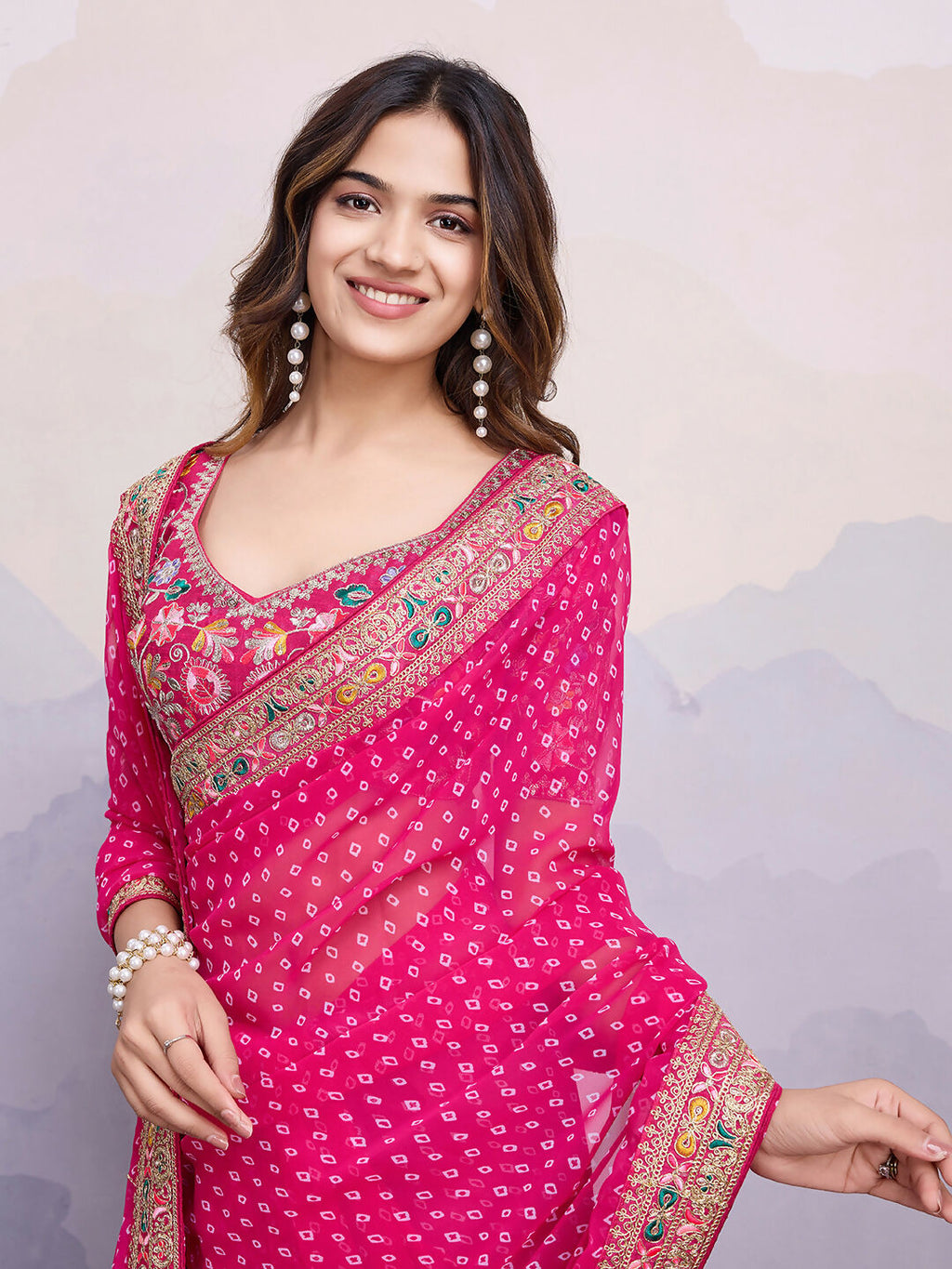 Pink Georgette Bandhani Printed,Embroidery Work Saree - Surkhi | Grocsy
