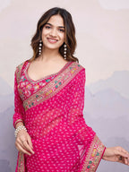 Pink Georgette Bandhani Printed,Embroidery Work Saree - Surkhi | Grocsy