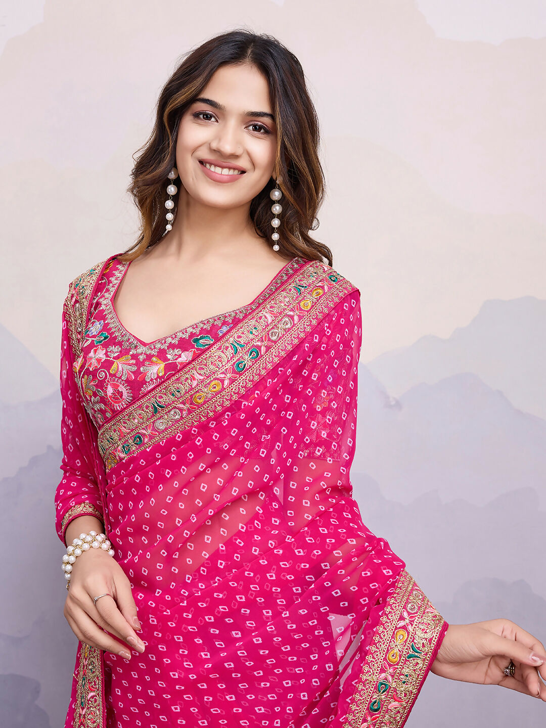 Pink Georgette Bandhani Printed,Embroidery Work Saree - Surkhi | Grocsy