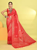 Joban Fashion Peach & Red Plain With Weaving Border Banarasi Silk Sarees | Grocsy