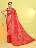 Joban Fashion Peach & Red Plain With Weaving Border Banarasi Silk Sarees | Grocsy