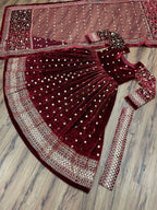 Vastranavya Wine Viscose Velvet Sequence Embroidery Work Gown Dupatta With Belt | Grocsy