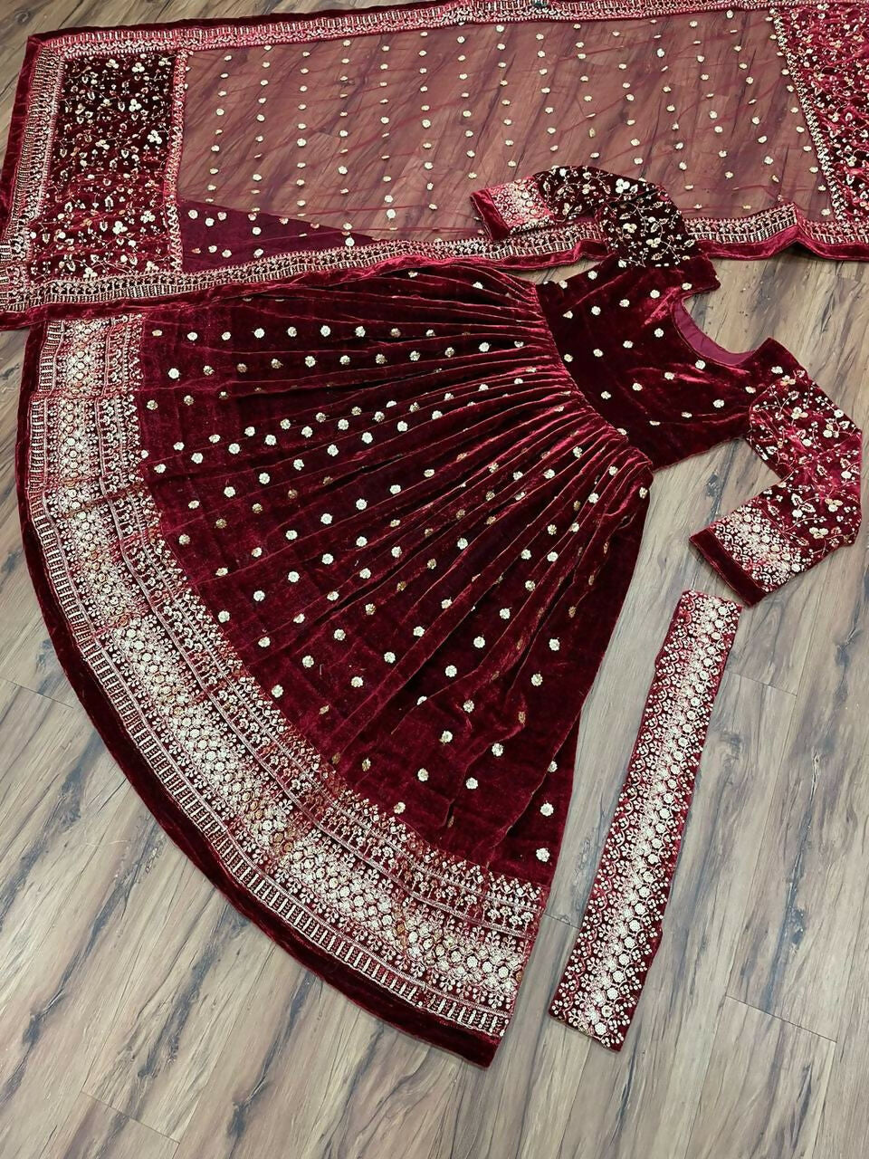 Vastranavya Wine Viscose Velvet Sequence Embroidery Work Gown Dupatta With Belt | Grocsy