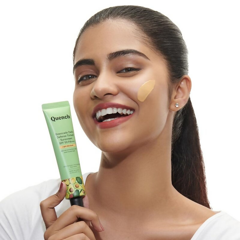 Quench Vitamin E Tinted SPF 50 Sunscreen PA+++ with both Mineral & Chemical Actives (Light Medium) | Grocsy