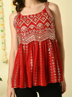 Myshka Women's Red Embroidered Party Fusion Top | Grocsy