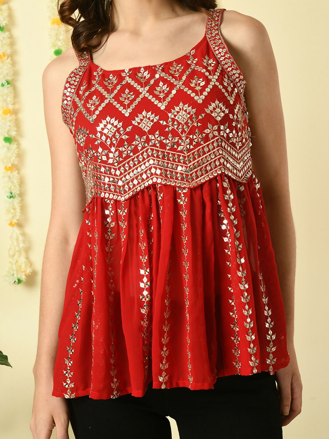 Myshka Women's Red Embroidered Party Fusion Top | Grocsy