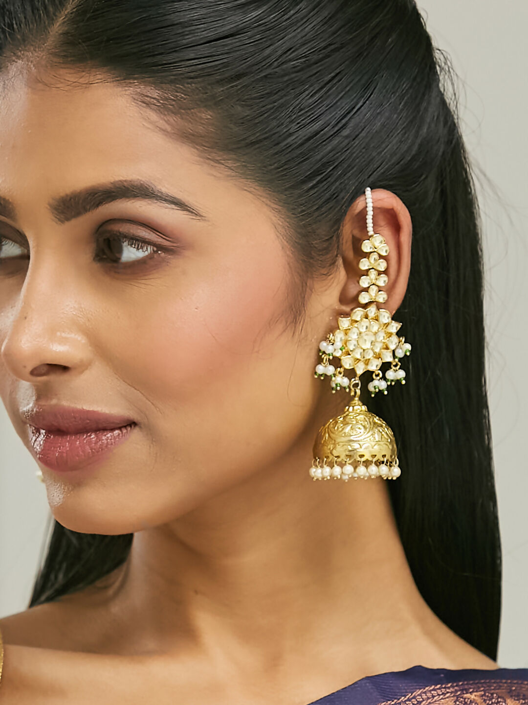 Nuyug 22K Gold-Plated Floral Jhumki Kundan Studded Kanauti Earrings | Grocsy