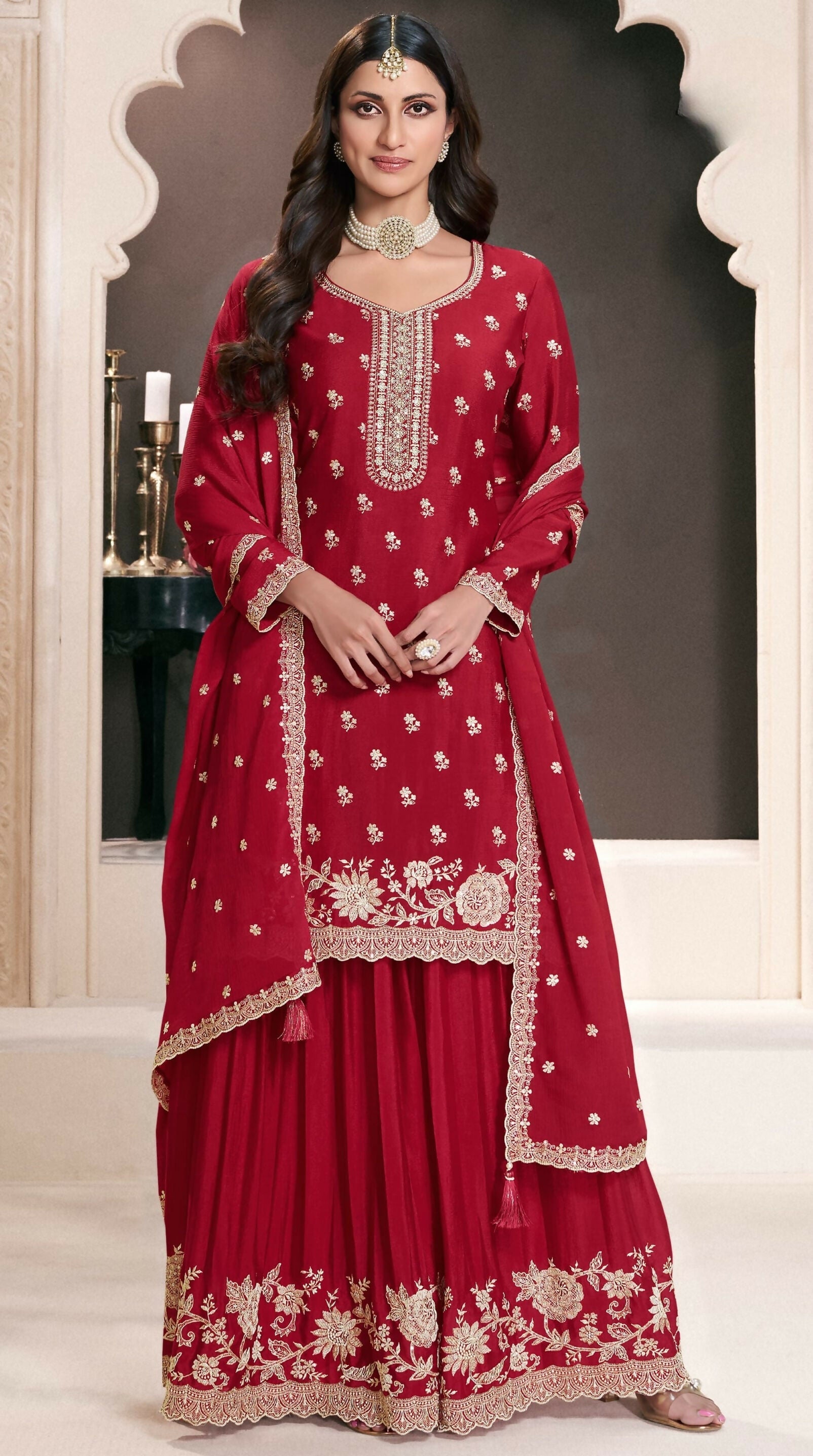 Anaita Red Chinon Embroidered Thread Work Stitched Salwar Suit | Grocsy