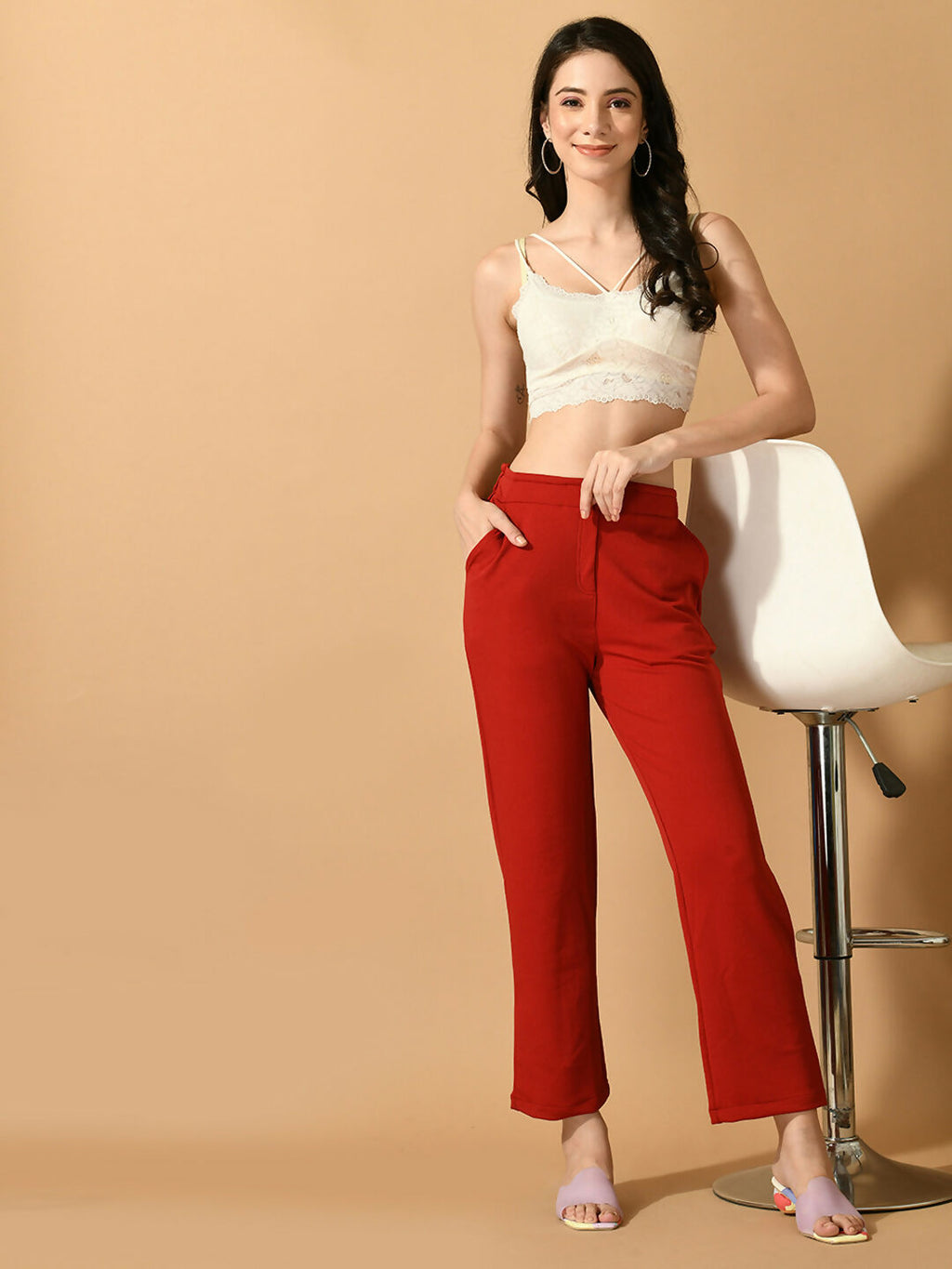Myshka Women's Red Straight Fit Party Trouser | Grocsy