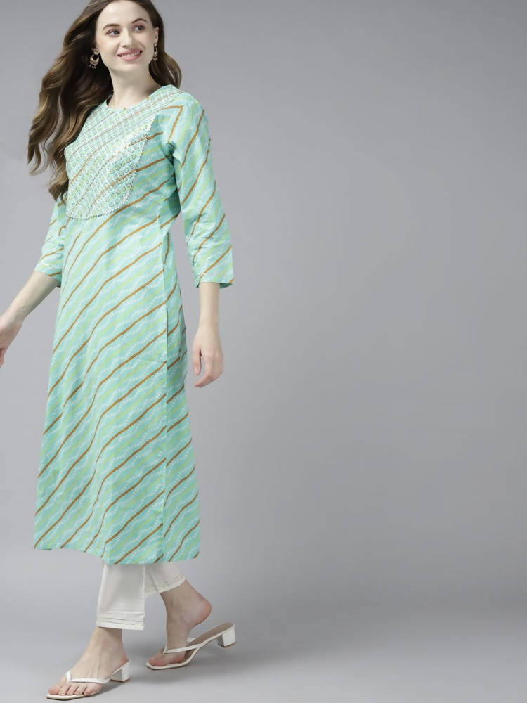 Yufta Women Green Bandhani Yoke Design Pure Cotton Kurta with Palazzo and Dupatta | Grocsy