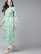 Yufta Women Green Bandhani Yoke Design Pure Cotton Kurta with Palazzo and Dupatta | Grocsy