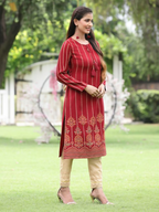 Juniper Maroon Ethnic Motif Printed Acrylic Straight Kurta. | Grocsy