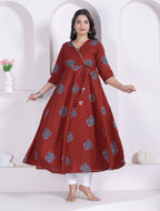 Miravan Womens Rust Floral Printed Pure Cotton Gota Patti Angrakha Kurta | Grocsy