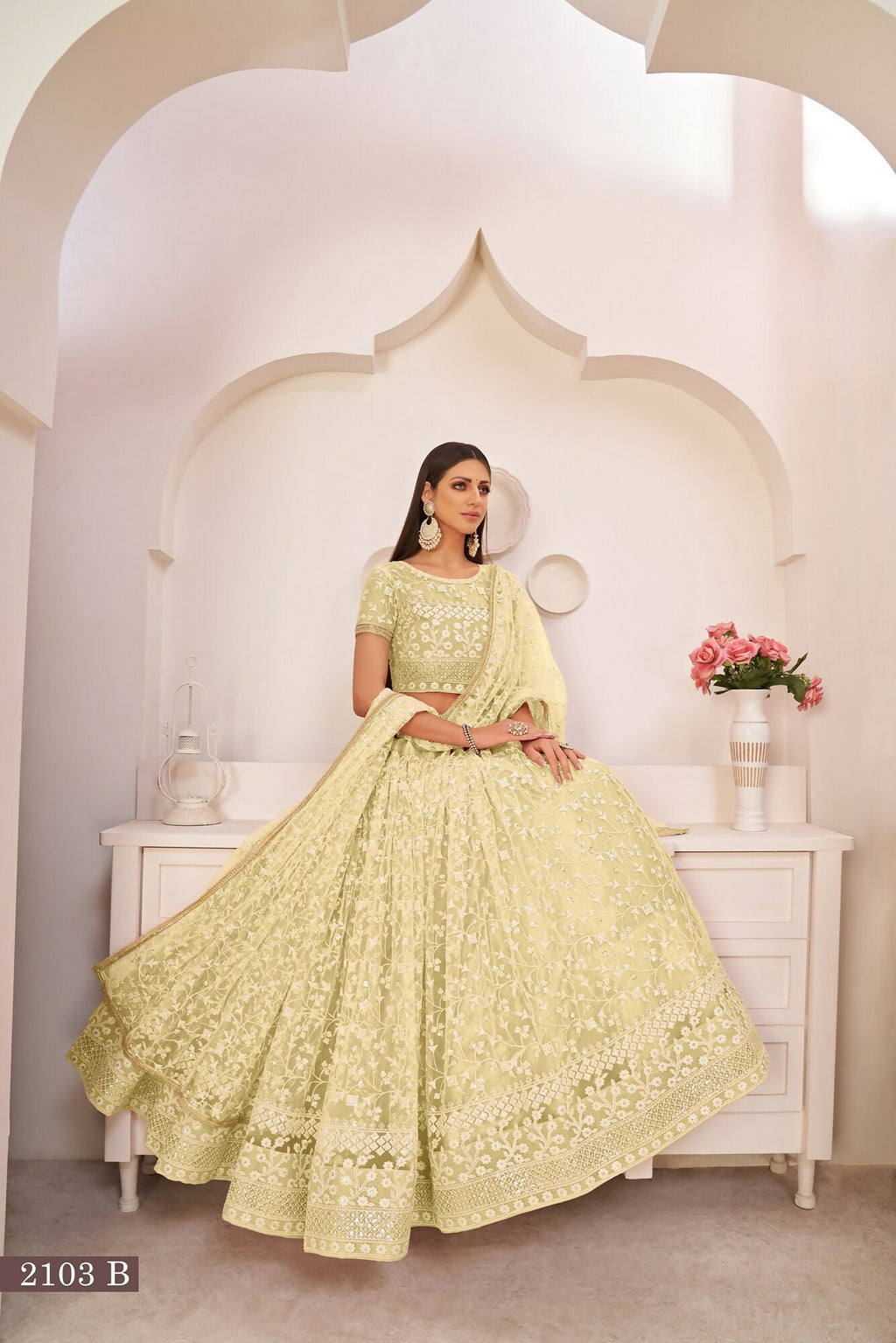 Eilara Lemon Green Net Floral Embroidered Lehenga Choli Set | Grocsy