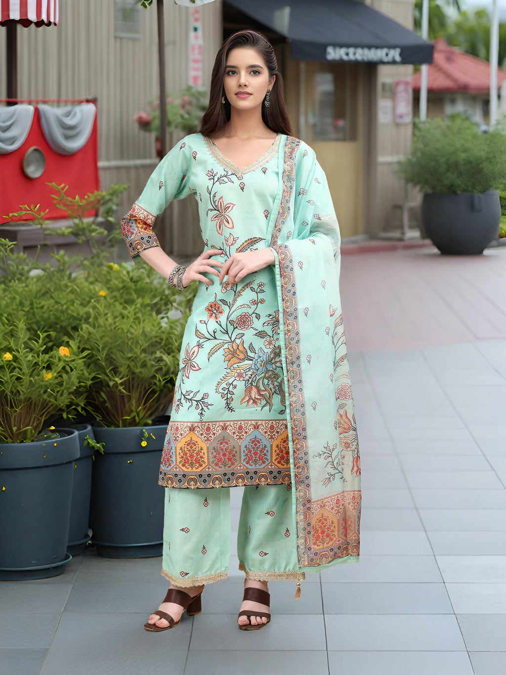 Joban Fashion Sky Blue Positive Digital Print With Position Foil Kurta Set | Grocsy