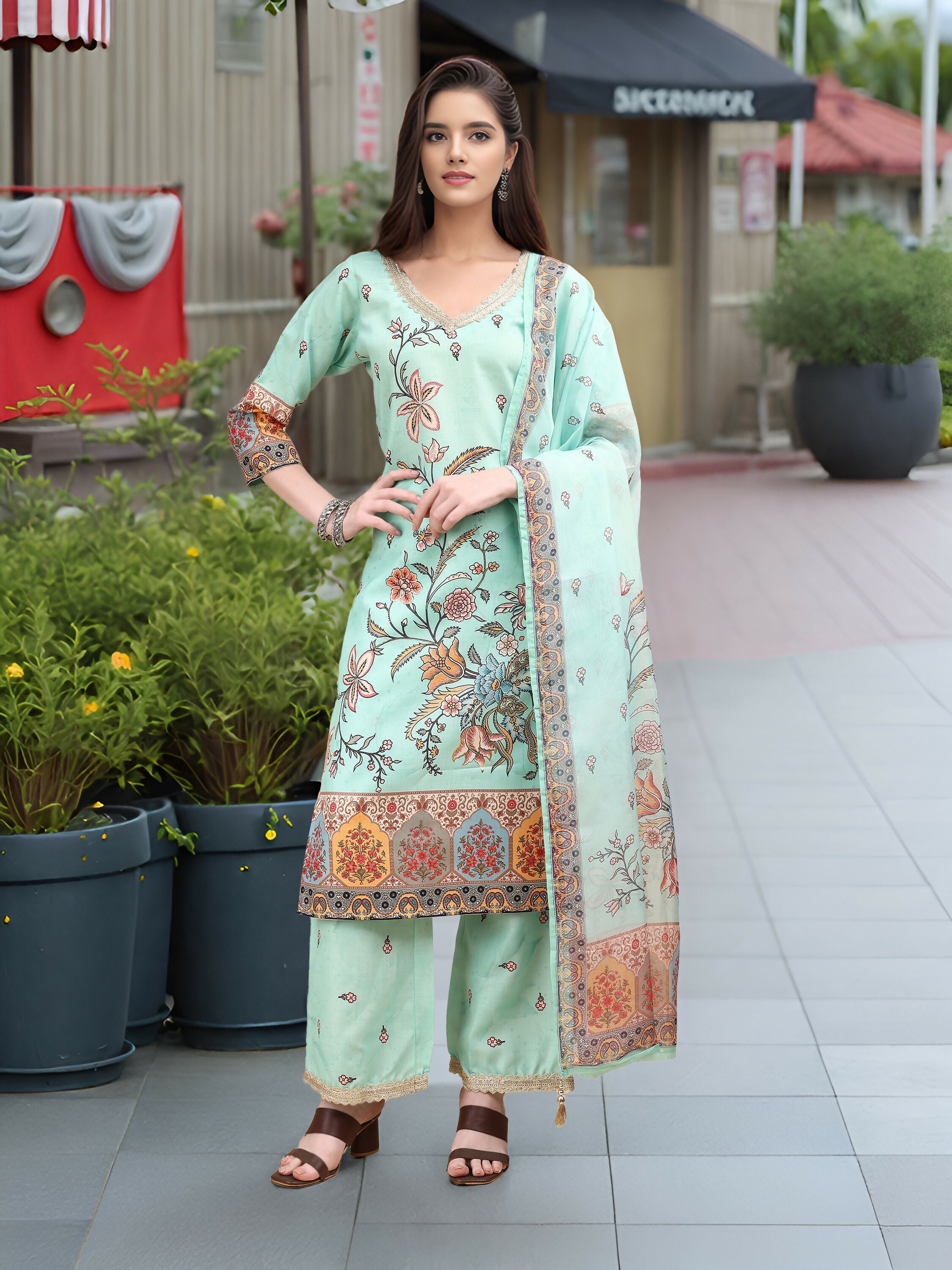 Joban Fashion Sky Blue Positive Digital Print With Position Foil Kurta Set | Grocsy