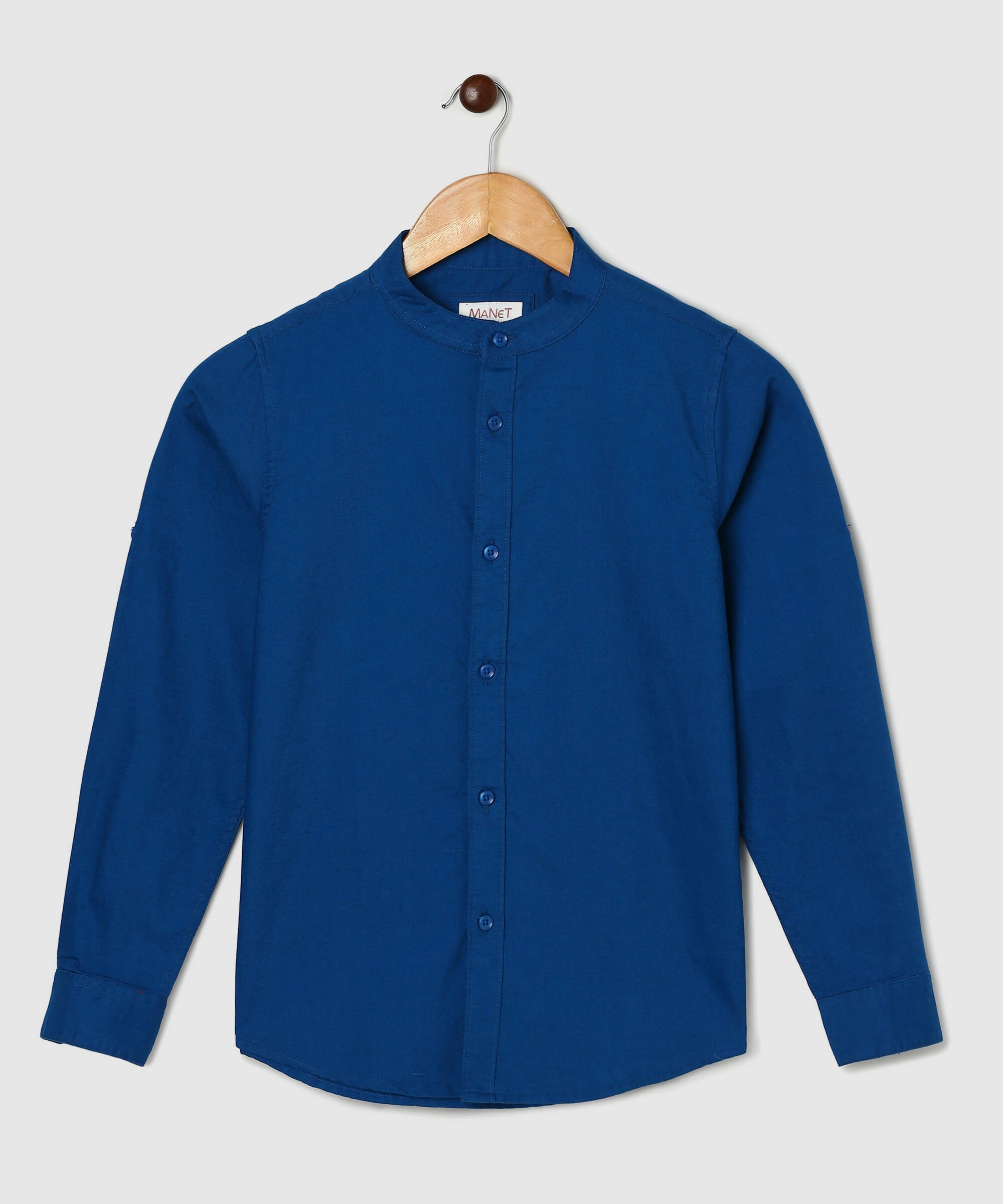 Manet Boys Mandarin Collar Full Sleeves Solid Shirt -Blue | Grocsy