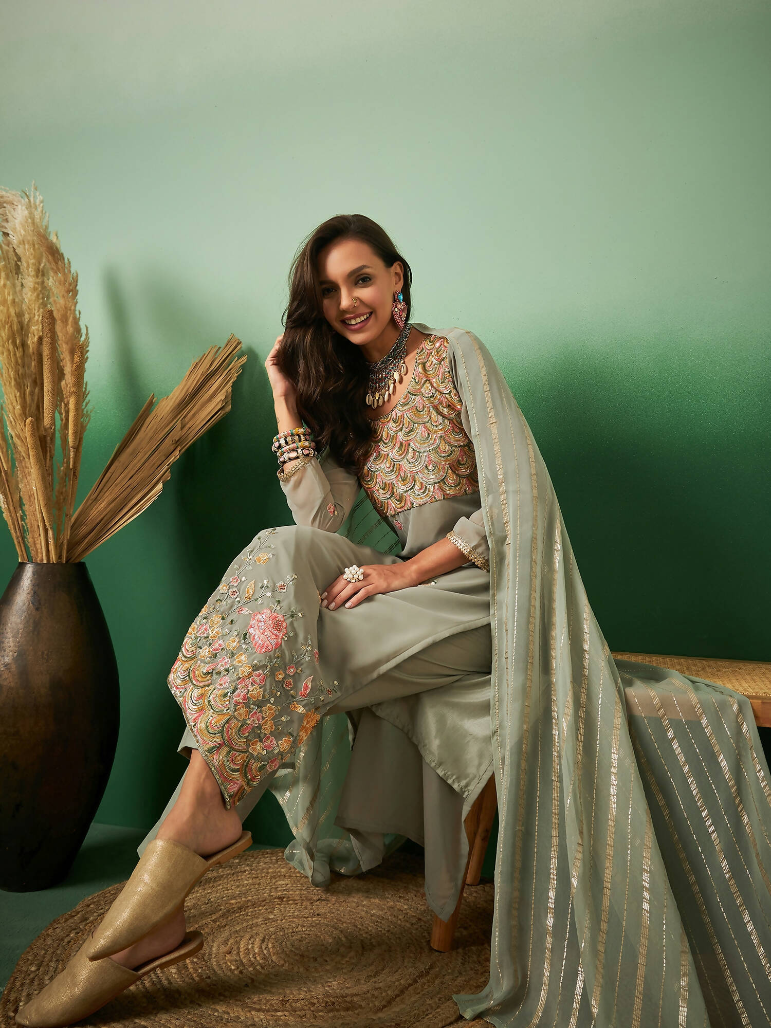 Light Green Georgette Handwork Unstitched Dress Material - Hanika | Grocsy