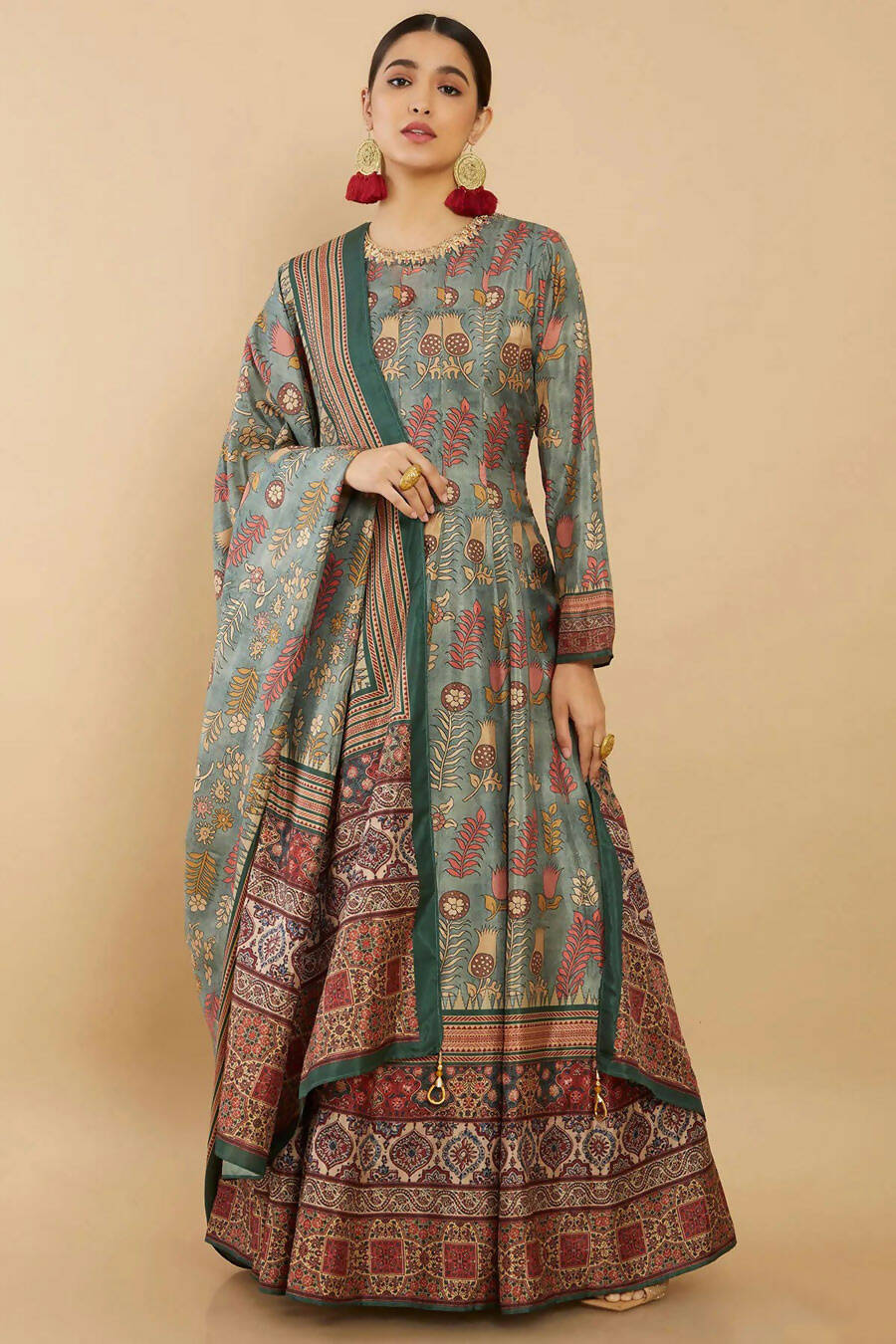 Women's Partywear Designer Green Soft Dola Silk Anarkali suit with Dupatta - Kalishta | Grocsy