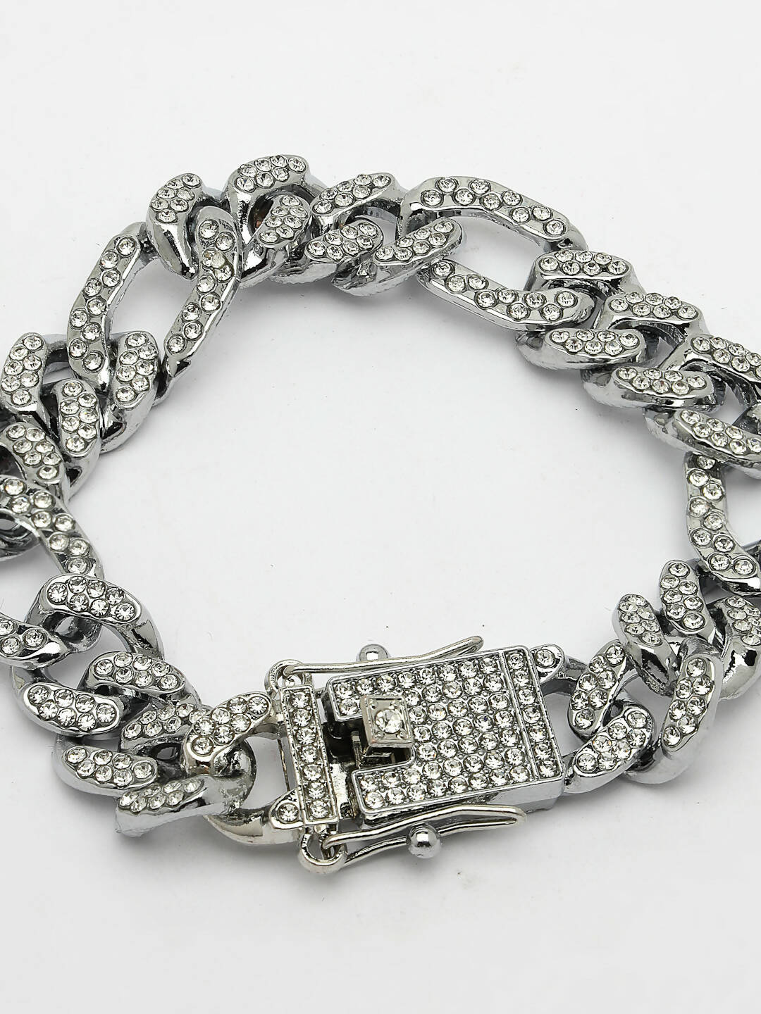 NVR Men Silver-Plated Stainless Steel American Diamond Studded Link Bracelet | Grocsy