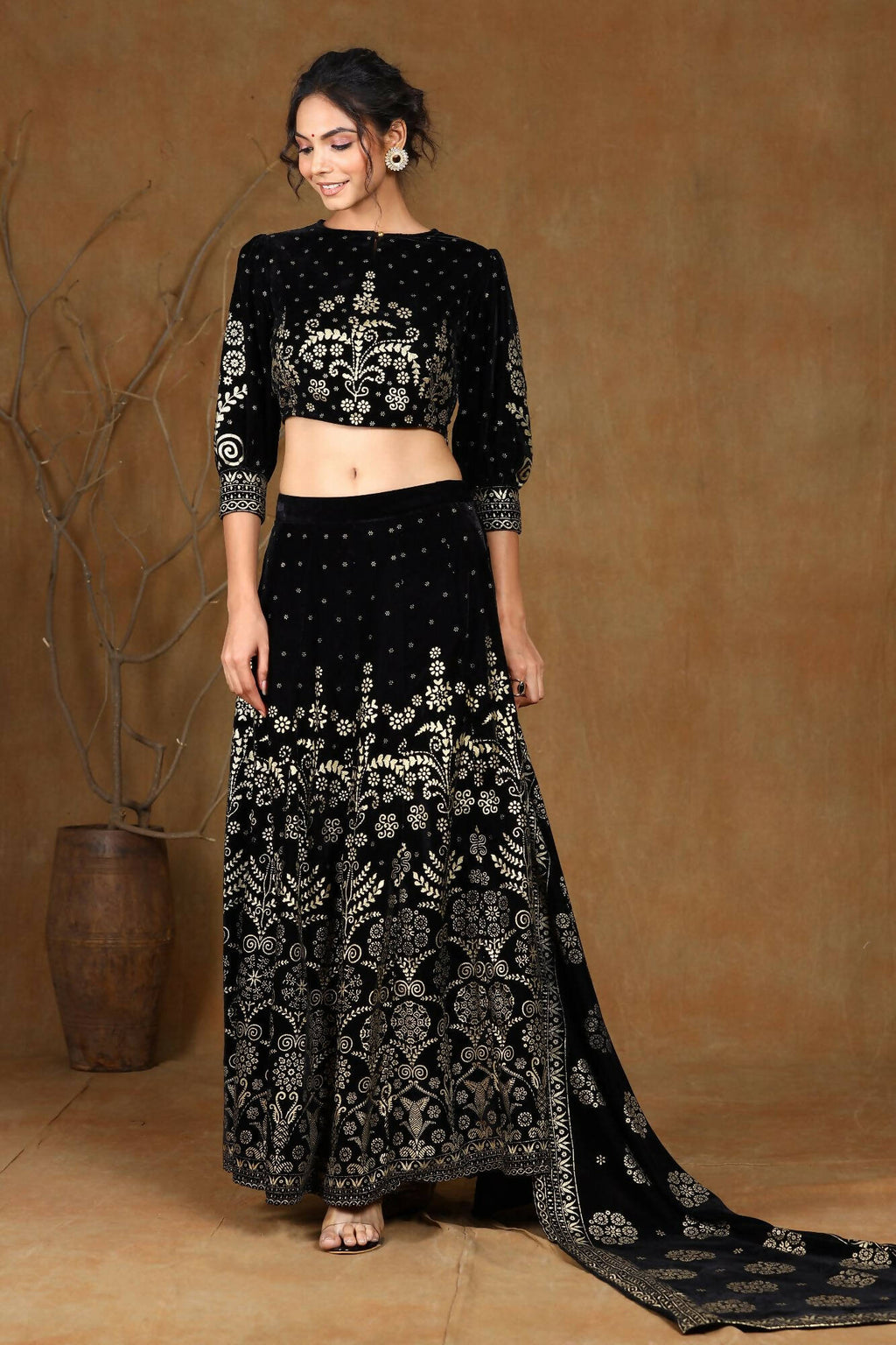 Juniper Women Black Velvet Printed Flared Lehenga Choli Sets | Grocsy