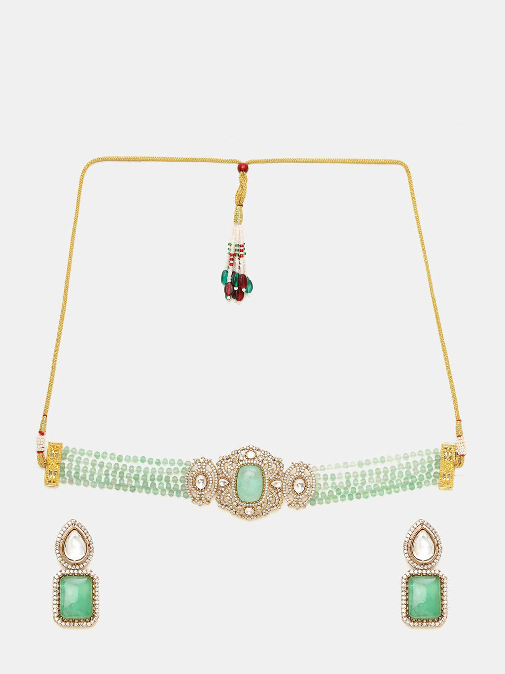 Ruby Raang 22k Gold Polished Green Stone And Moissanite Necklace With Matching Earrings | Grocsy