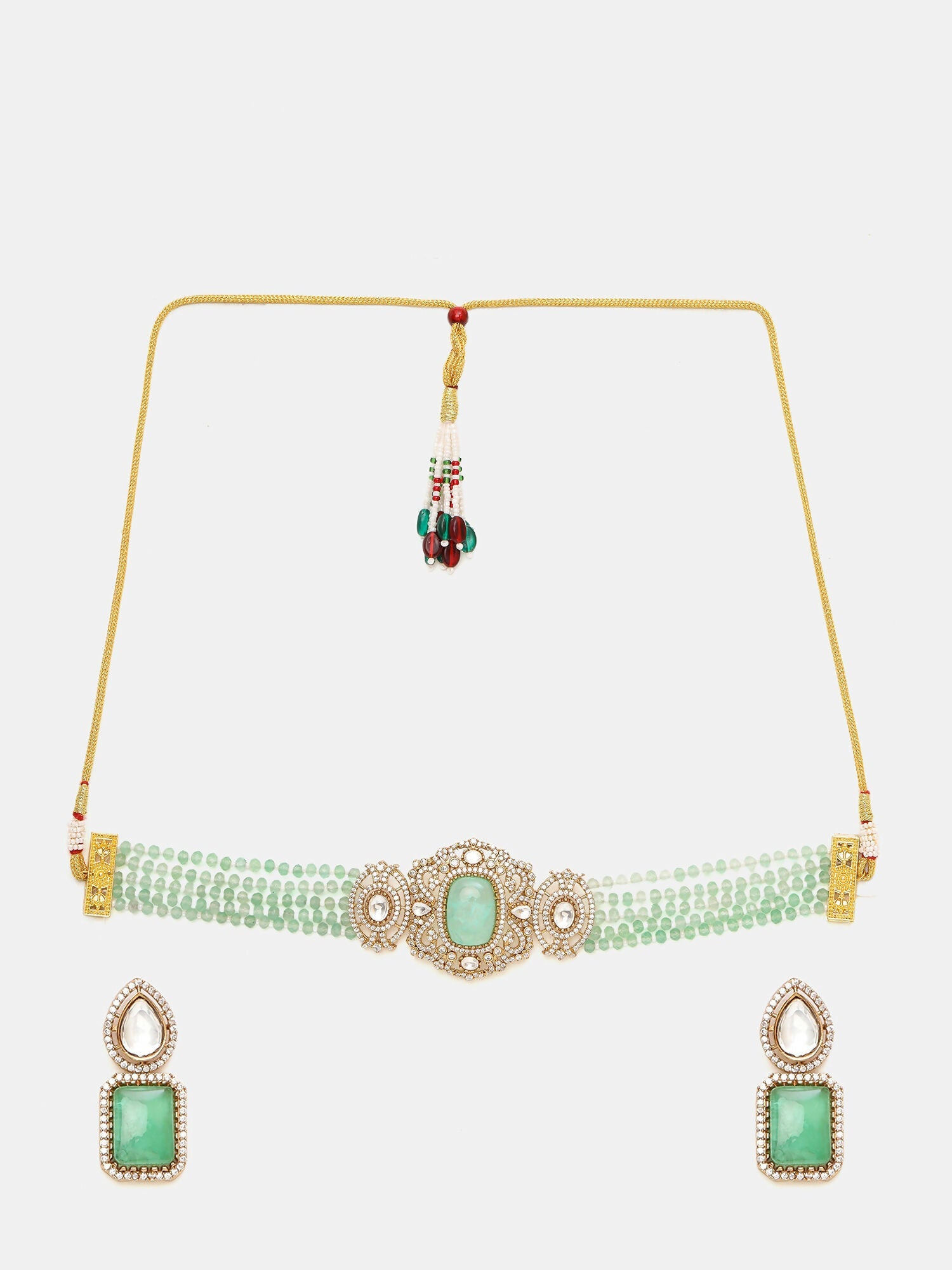 Ruby Raang 22k Gold Polished Green Stone And Moissanite Necklace With Matching Earrings | Grocsy