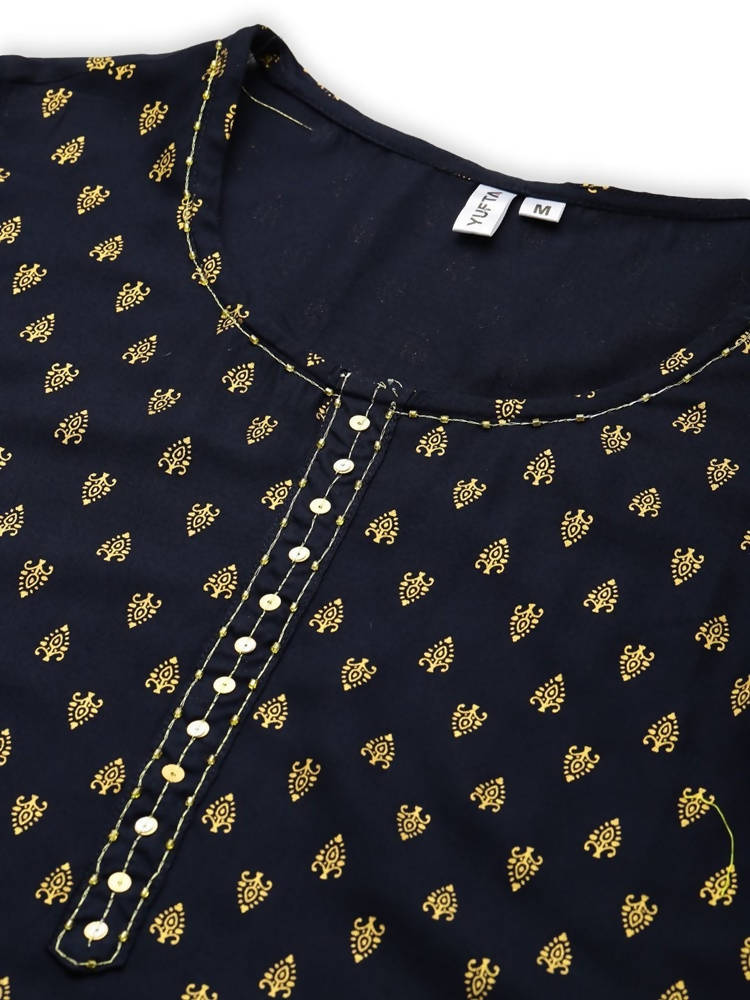 Yufta Women Navy Blue Golden Print Kurta | Grocsy