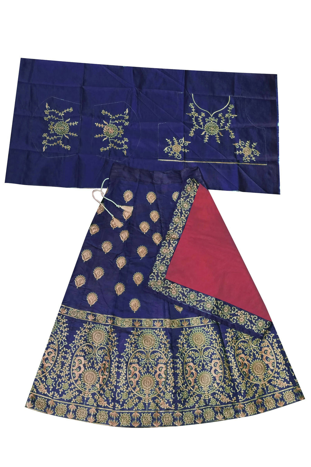 Dwiden Navy Blue Gulab Tafetta Sattin Semi-Stitched Girl's Lehenga Choli | Grocsy