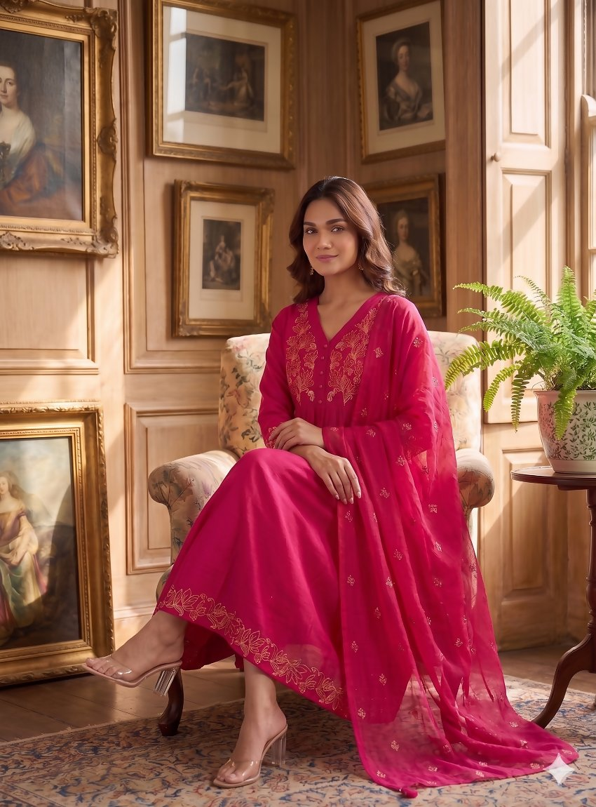 Teeya Creation Elegant Hot Pink Flared Anarkali Kurti And Dupatta Set For Women | Grocsy