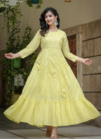 Kaajh Women's Yellow Mirror Embroidered Cotton Dress | Grocsy