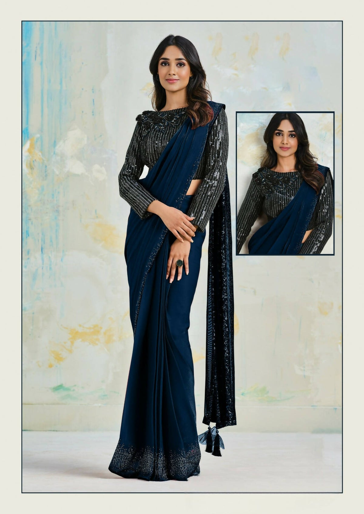 Satin Silk Crepe Saree With Stitched Blouse - Mohmanthan Royal | Grocsy