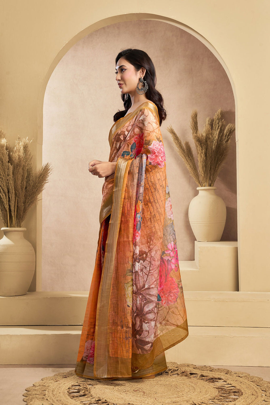 Vastranavya Orange Digital Printed Linen Ready To Wear Designer Saree with Unstitched Blouse | Grocsy