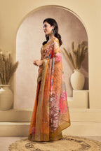 Vastranavya Orange Digital Printed Linen Ready To Wear Designer Saree with Unstitched Blouse | Grocsy