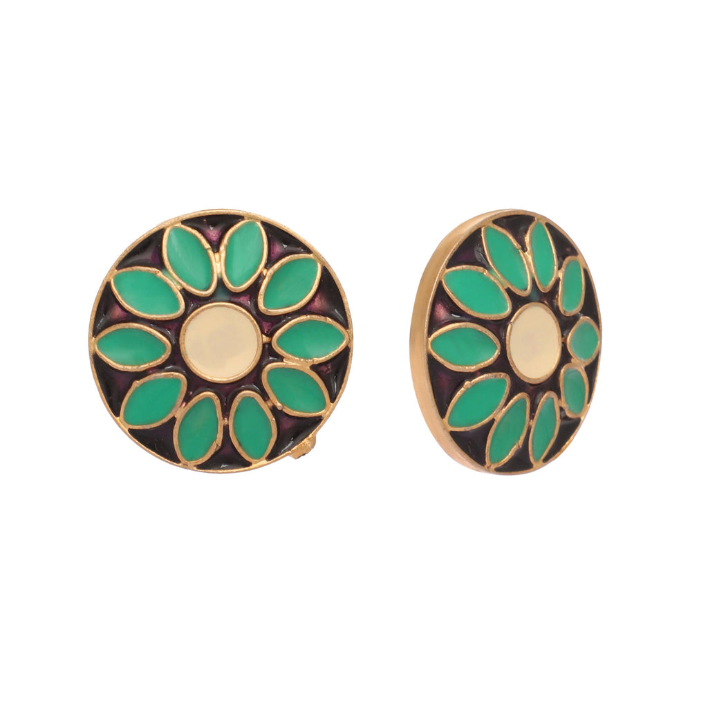 Nuyug 22K Gold Plated Circular Shaped Sea Green Enamelled Floral Motif Studs | Grocsy
