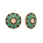 Nuyug 22K Gold Plated Circular Shaped Sea Green Enamelled Floral Motif Studs | Grocsy