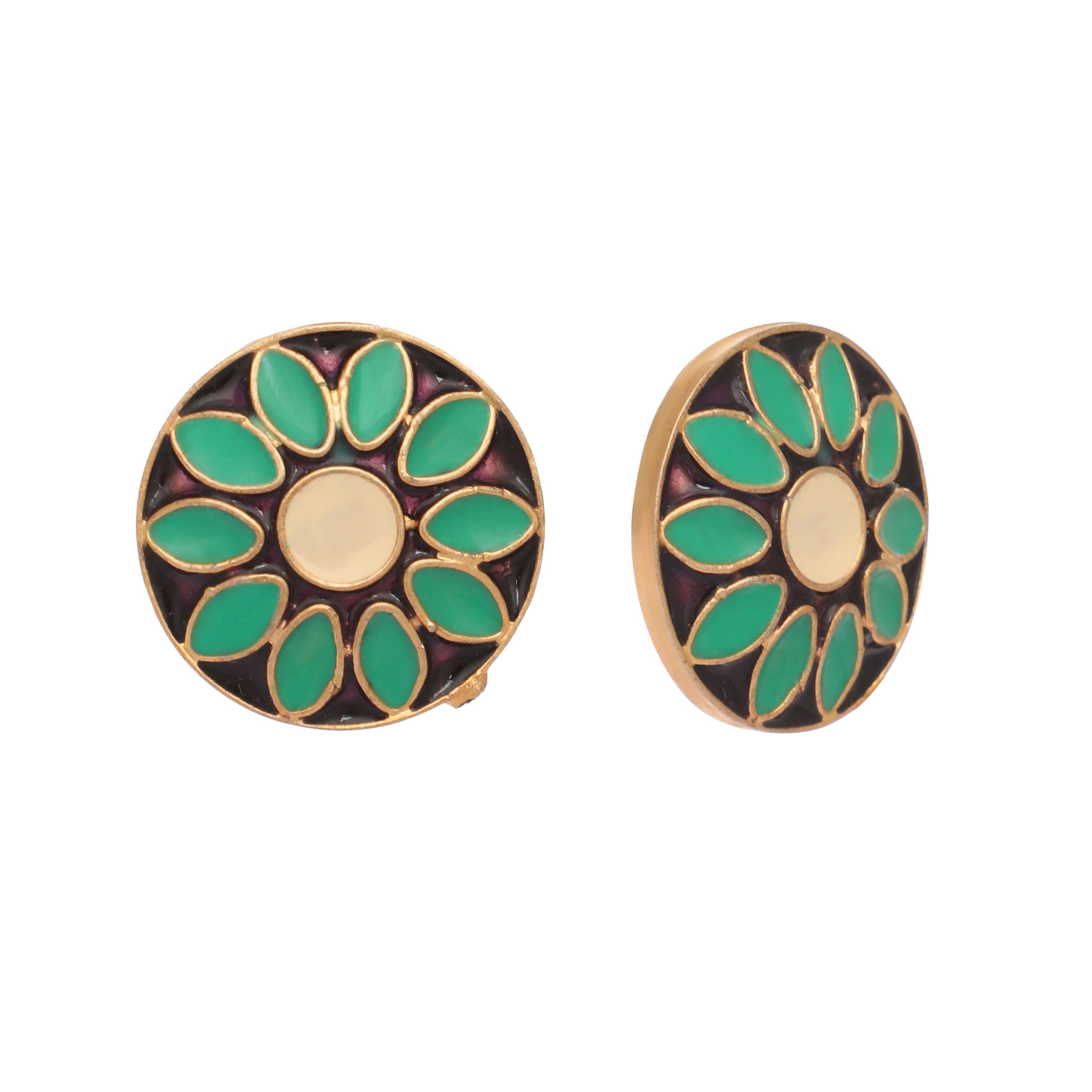 Nuyug 22K Gold Plated Circular Shaped Sea Green Enamelled Floral Motif Studs | Grocsy